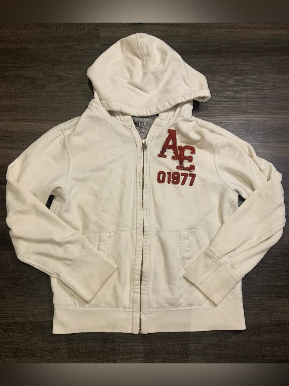 American Eagle Outfitters White Hooded Zip Jacket with Navy Trim